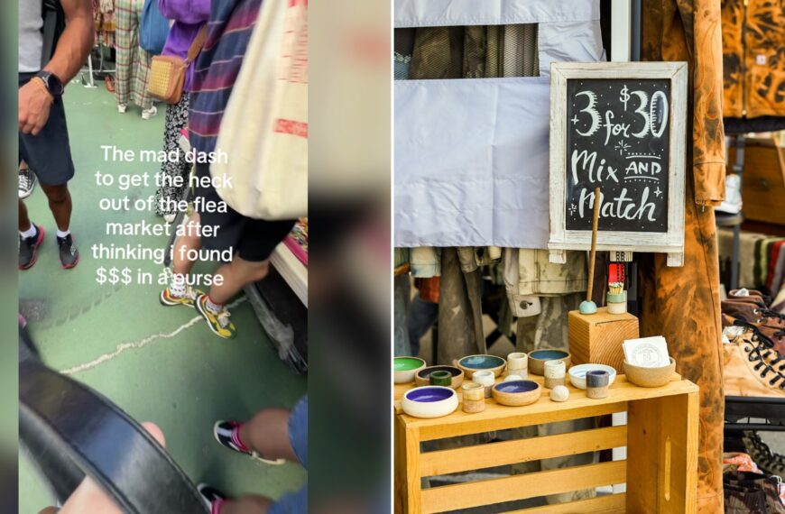 Left: cover still from a TikTok video by @bus.queen. Right: a sign on a wooden stand at a market (Unsplash photo by Anastasiya Badun).