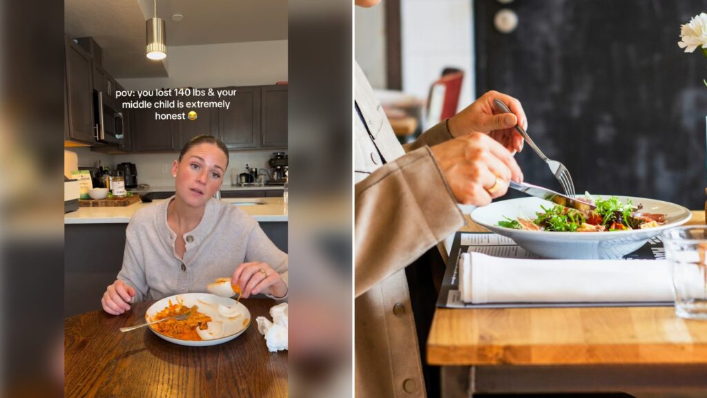 Left: cover still from an Instagram reel by @lara.cage. Right: a person eating a salad (Unsplash photo by Louis Hansel).