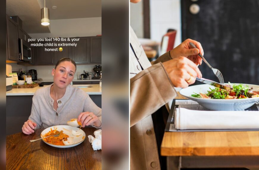Left: cover still from an Instagram reel by @lara.cage. Right: a person eating a salad (Unsplash photo by Louis Hansel).