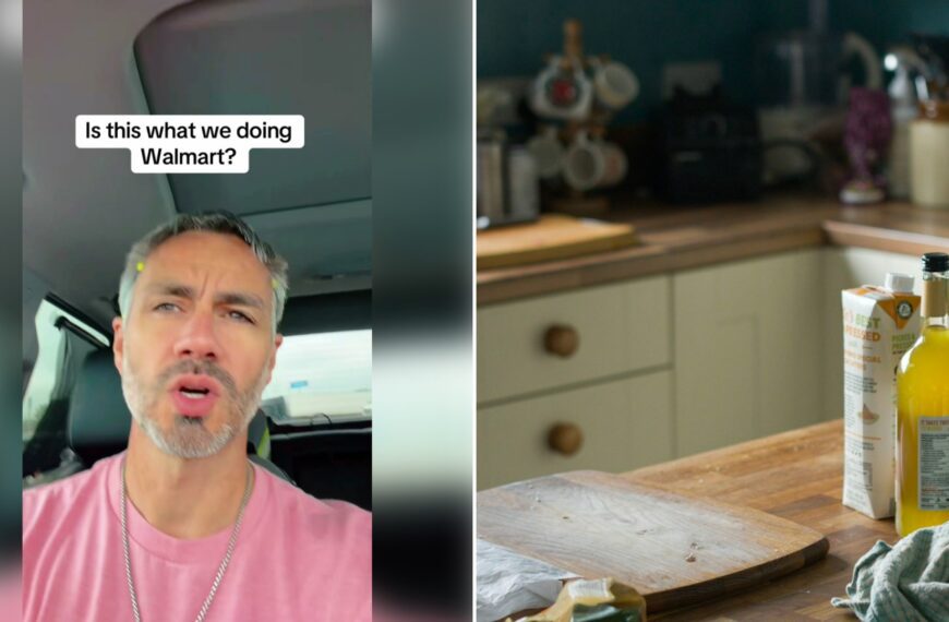 Left: cover still from a TikTok video by @rapidpenguinz. Right: a kitchen counter with a bottle of oil and cups (Unsplash photo by Marc Pell).