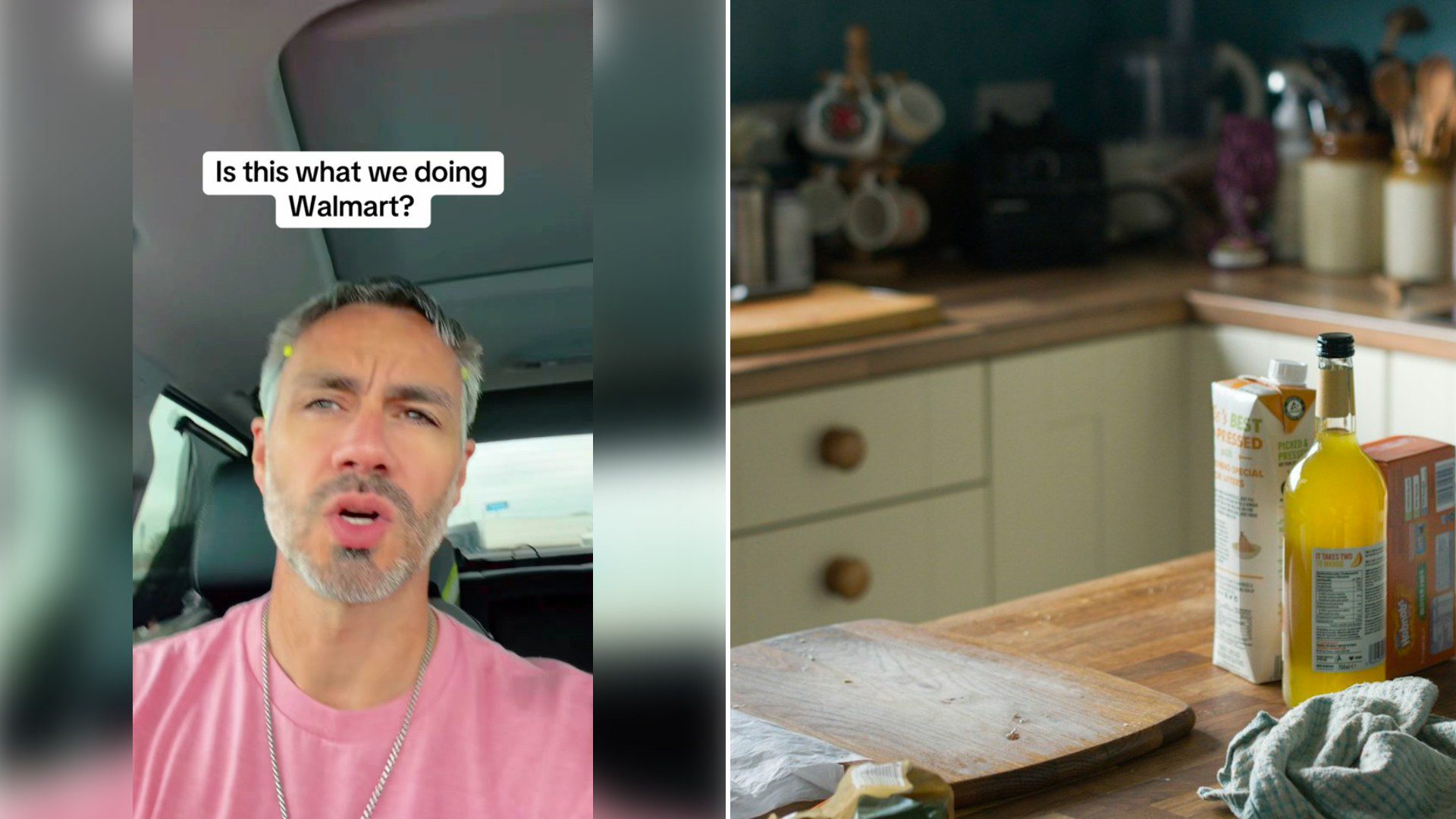 Left: cover still from a TikTok video by @rapidpenguinz. Right: a kitchen counter with a bottle of oil and cups (Unsplash photo by Marc Pell).