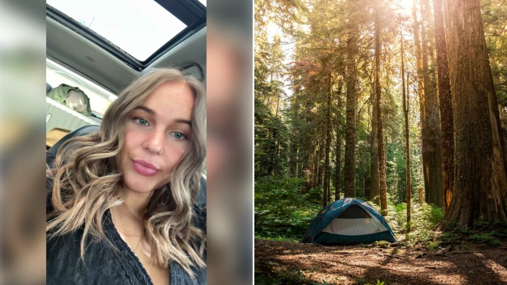 Left: cover still from a TikTok video by @elizafalkenrath. Right: a tent in a tall forest (Unsplash photo by Elijah Austin).