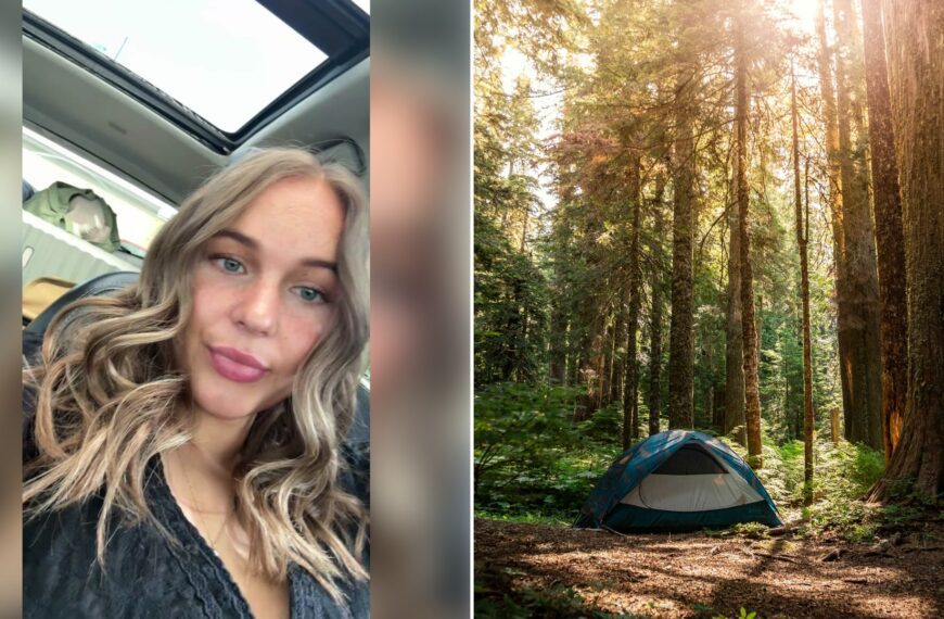 Left: cover still from a TikTok video by @elizafalkenrath. Right: a tent in a tall forest (Unsplash photo by Elijah Austin).