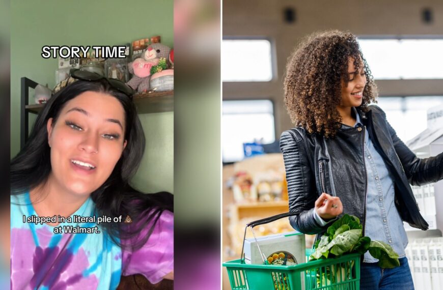 Left: cover still from a TikTok video by @nicoleprince2222. Right: a woman carrying a green basket in a store (Unsplash photo by Boxed Water Is Better).
