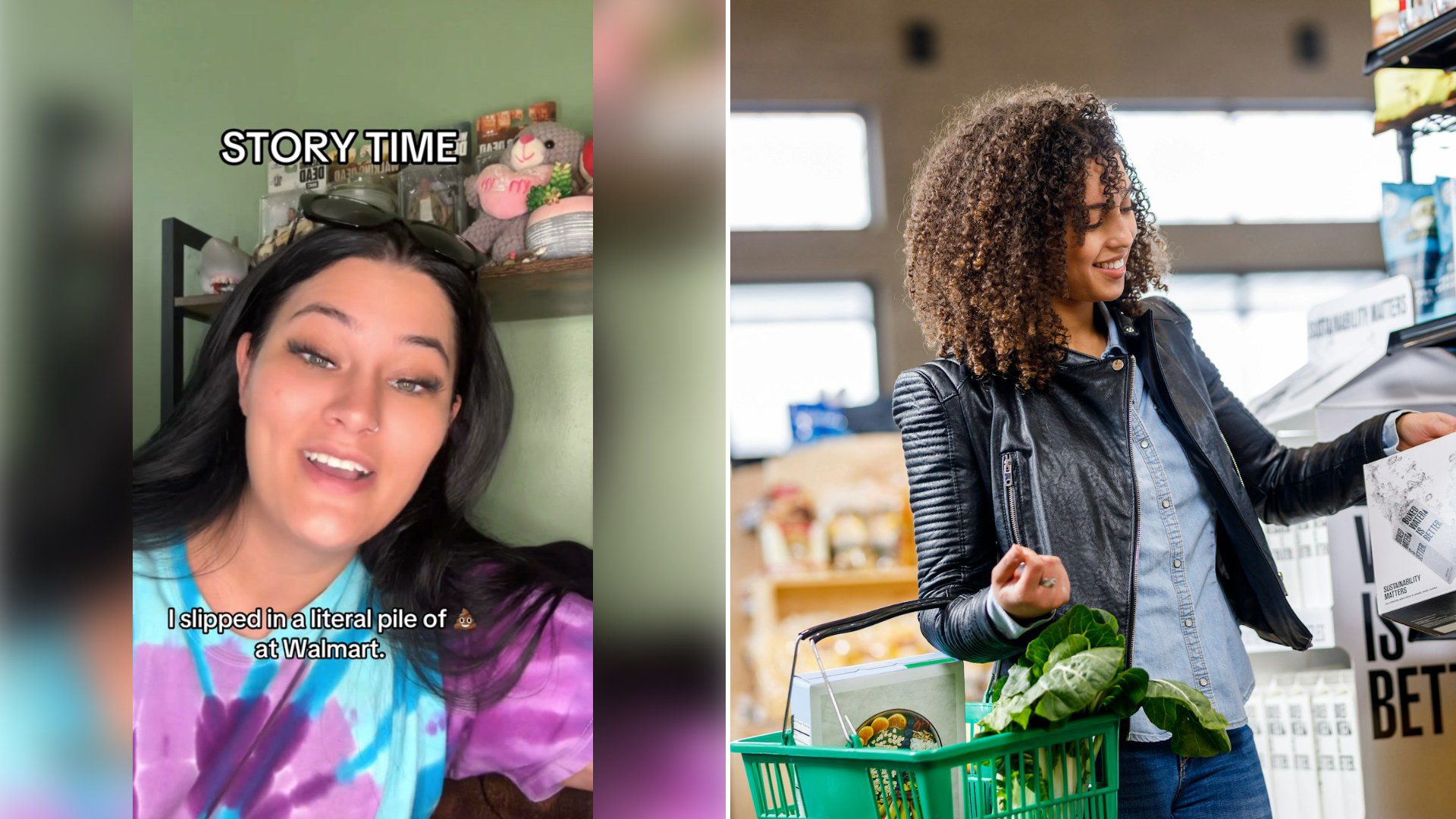 Left: cover still from a TikTok video by @nicoleprince2222. Right: a woman carrying a green basket in a store (Unsplash photo by Boxed Water Is Better).