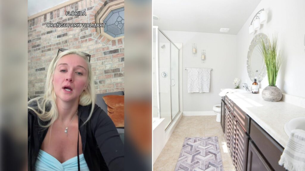 Left: cover still from a TikTok video by @tasiaalexis. Right: a bathroom with a vanity and a patterned rug (Unsplash photo by Mike Newbry).