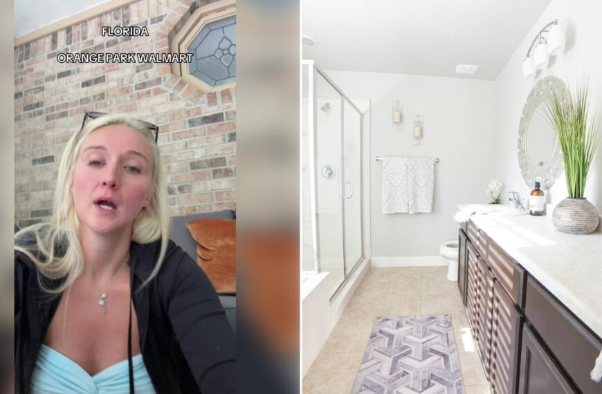 Left: cover still from a TikTok video by @tasiaalexis. Right: a bathroom with a vanity and a patterned rug (Unsplash photo by Mike Newbry).