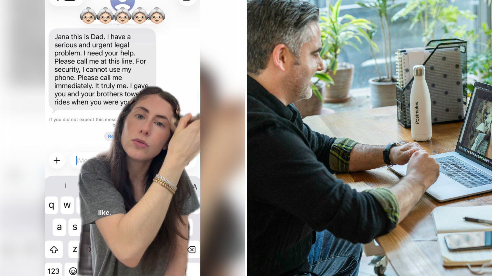 Left: cover still from a TikTok video by @janarosejana. Right: a man working at a laptop at a desk (Unsplash photo by LinkedIn Sales Solutions).