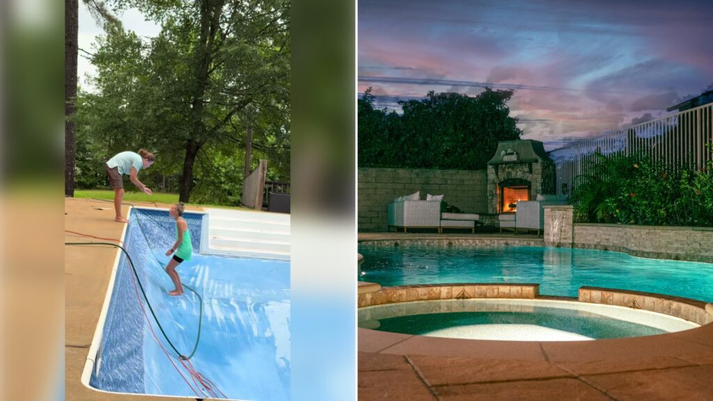 Left: cover still from a TikTok video by @shielaesco. Right: a backyard swimming pool at dusk (Unsplash photo by Marty O’Neill).