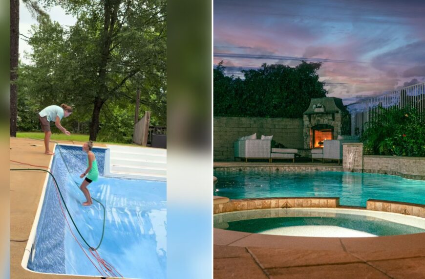 Left: cover still from a TikTok video by @shielaesco. Right: a backyard swimming pool at dusk (Unsplash photo by Marty O’Neill).