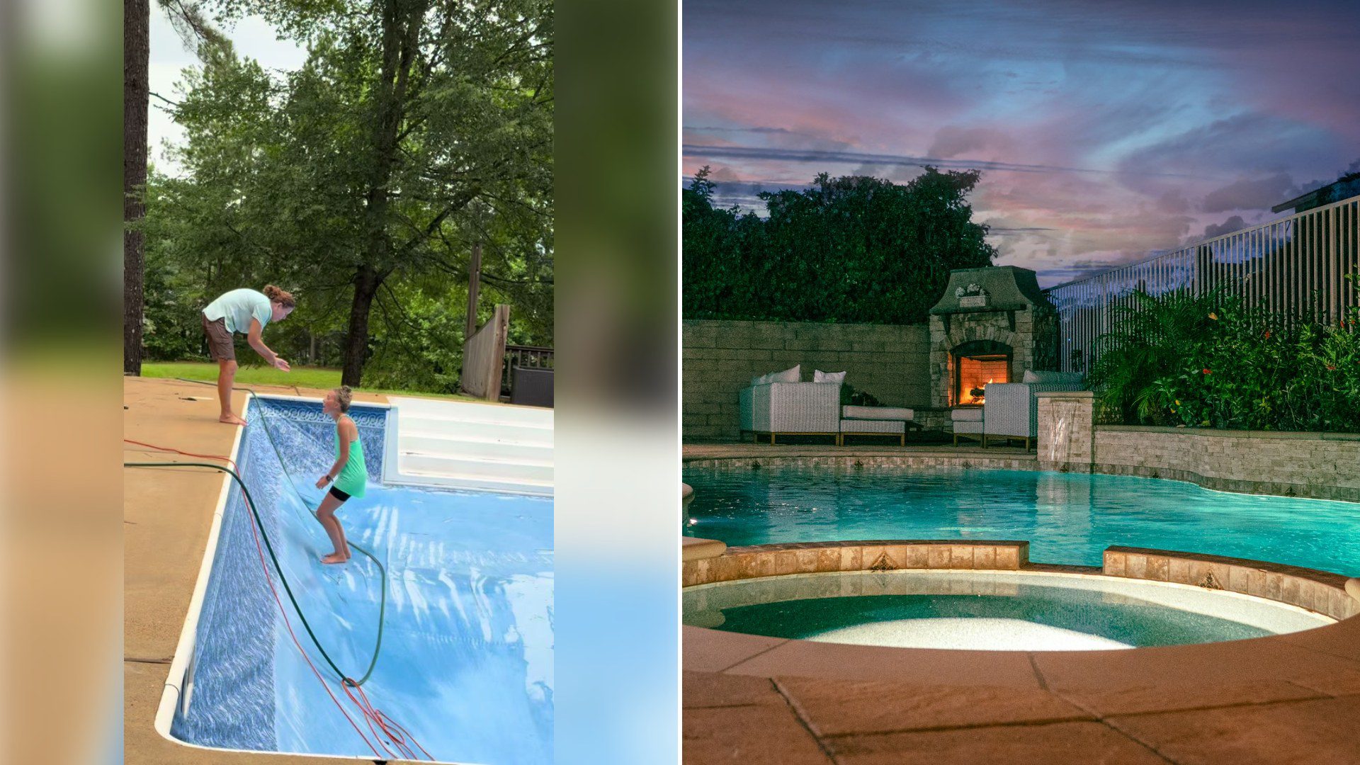 Left: cover still from a TikTok video by @shielaesco. Right: a backyard swimming pool at dusk (Unsplash photo by Marty O’Neill).