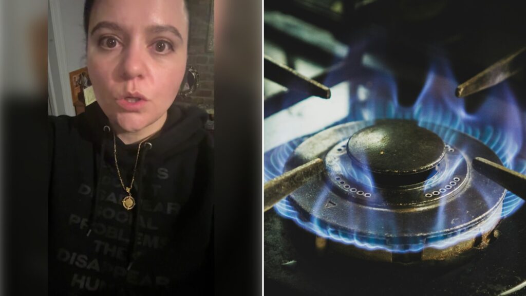 Left: cover still from a TikTok video by @bronxiemthope. Right: a blue gas flame on a stove burner (Unsplash photo by KWON JUNHO).