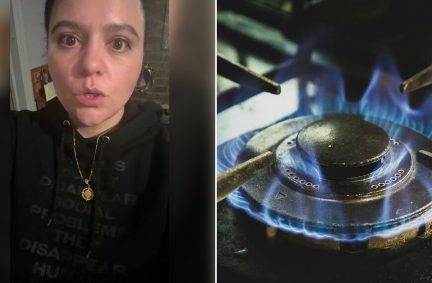 Left: cover still from a TikTok video by @bronxiemthope. Right: a blue gas flame on a stove burner (Unsplash photo by KWON JUNHO).