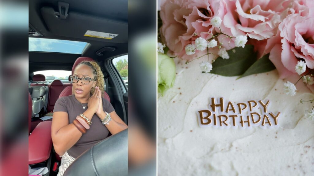 Left: cover still from a TikTok video by @iam_ashleyjay. Right: a cake with pink flowers and Happy Birthday written in icing (Unsplash photo by Nataliya Melnychuk).