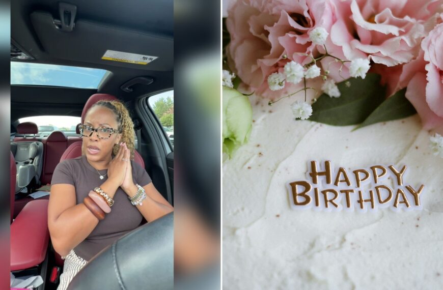 Left: cover still from a TikTok video by @iam_ashleyjay. Right: a cake with pink flowers and Happy Birthday written in icing (Unsplash photo by Nataliya Melnychuk).