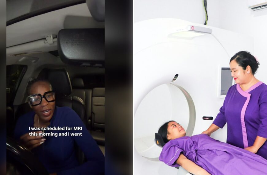Left: cover still from a TikTok video by @rebuildingwithzaina. Right: a patient lying in a scanner while a technician stands beside her (Unsplash photo by Bagoes Ilhamy).