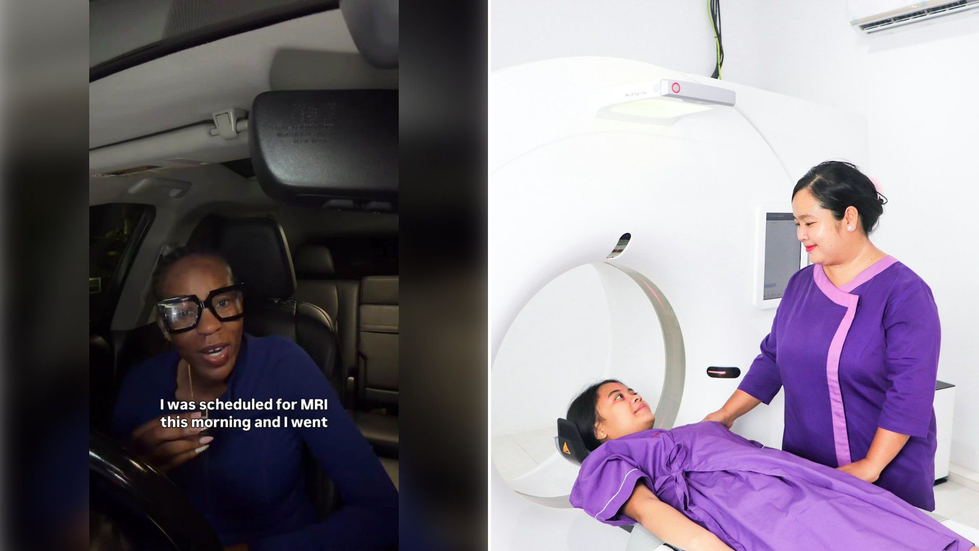 Left: cover still from a TikTok video by @rebuildingwithzaina. Right: a patient lying in a scanner while a technician stands beside her (Unsplash photo by Bagoes Ilhamy).