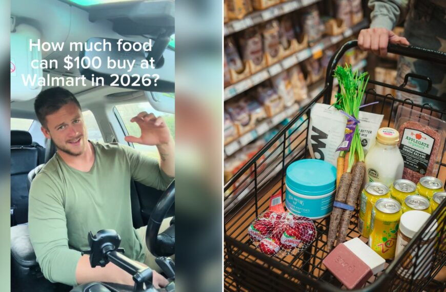 Left: cover still from a TikTok video by @joelhustle. Right: a shopping cart filled with groceries (Unsplash photo by Karsten Winegeart).