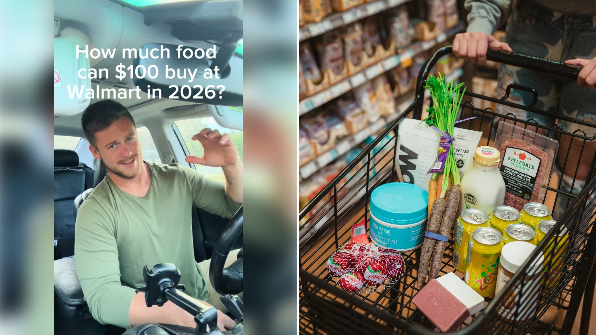 Left: cover still from a TikTok video by @joelhustle. Right: a shopping cart filled with groceries (Unsplash photo by Karsten Winegeart).