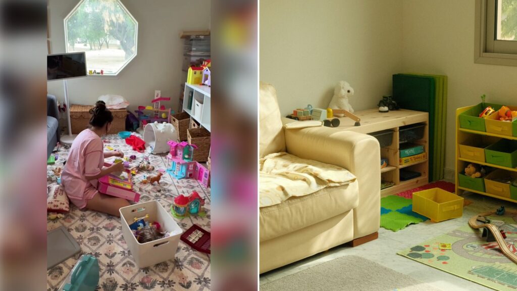 Left: cover still from a TikTok video by @lifewithmadisonm. Right: a children’s playroom with toys and storage (Unsplash photo by Roman Kravtsov).