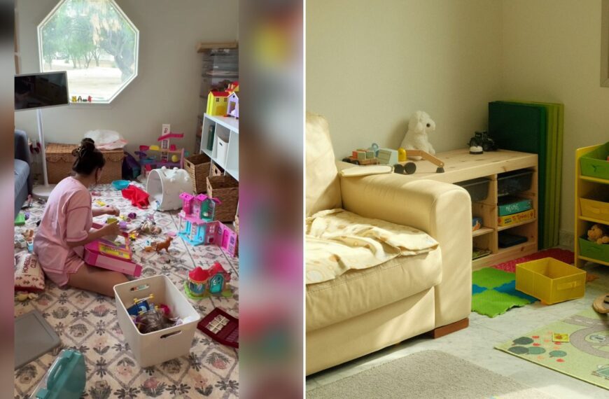 Left: cover still from a TikTok video by @lifewithmadisonm. Right: a children’s playroom with toys and storage (Unsplash photo by Roman Kravtsov).