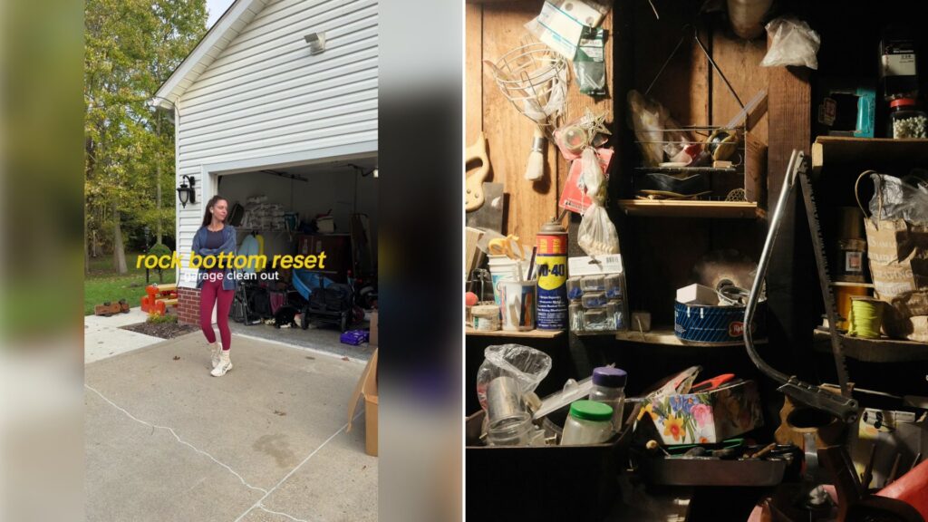 Left: cover still from a TikTok video by @chey.powers. Right: a cluttered storage room filled with household items (Unsplash photo by Stephen Pontes).