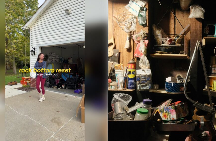 Left: cover still from a TikTok video by @chey.powers. Right: a cluttered storage room filled with household items (Unsplash photo by Stephen Pontes).