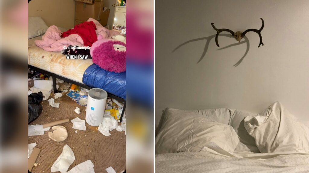 Left: cover still from an Instagram reel by @toniscleaningco. Right: a messy bed with white sheets and antlers on the wall (Unsplash photo by Sabrina B. Angell).