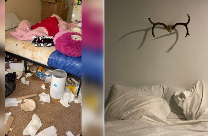 Left: cover still from an Instagram reel by @toniscleaningco. Right: a messy bed with white sheets and antlers on the wall (Unsplash photo by Sabrina B. Angell).