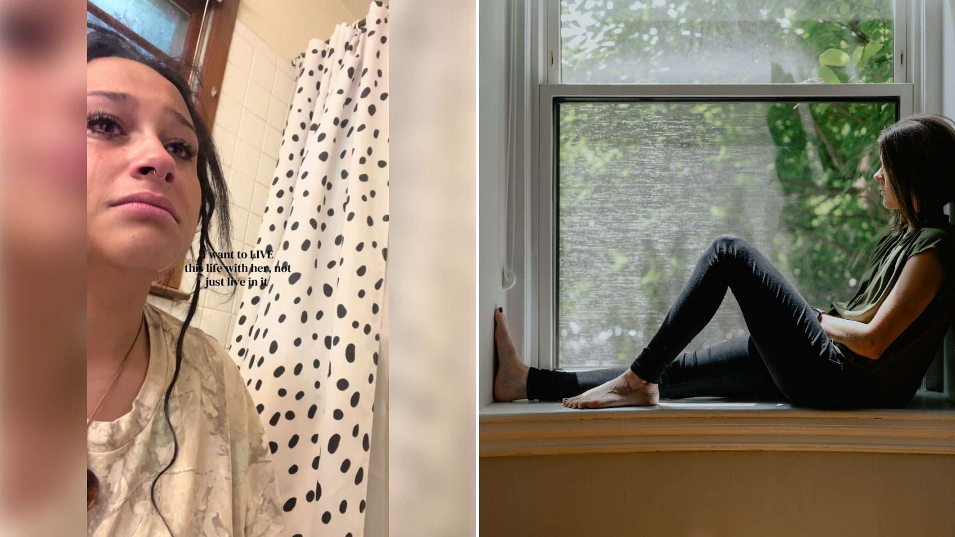 Left: cover still from a TikTok video by @manitsjaz. Right: a woman sitting on a window sill (Unsplash photo by Kelly Sikkema).