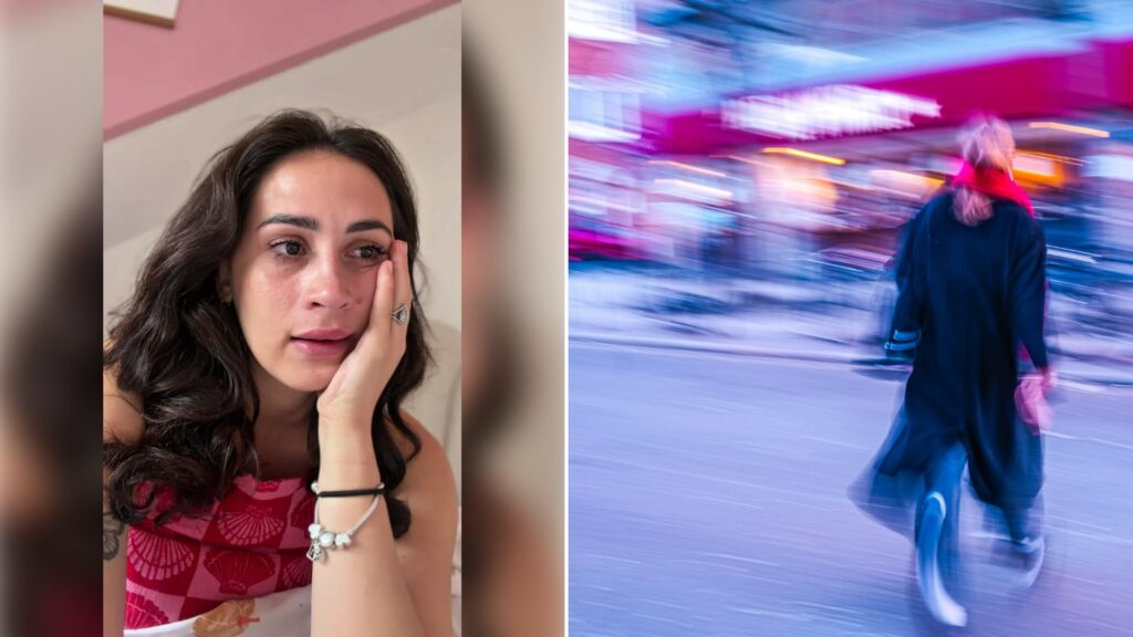 Left: cover still from a TikTok video by @caitlinandleahh. Right: a woman walking down a street (Unsplash photo by Mohamed Marey).