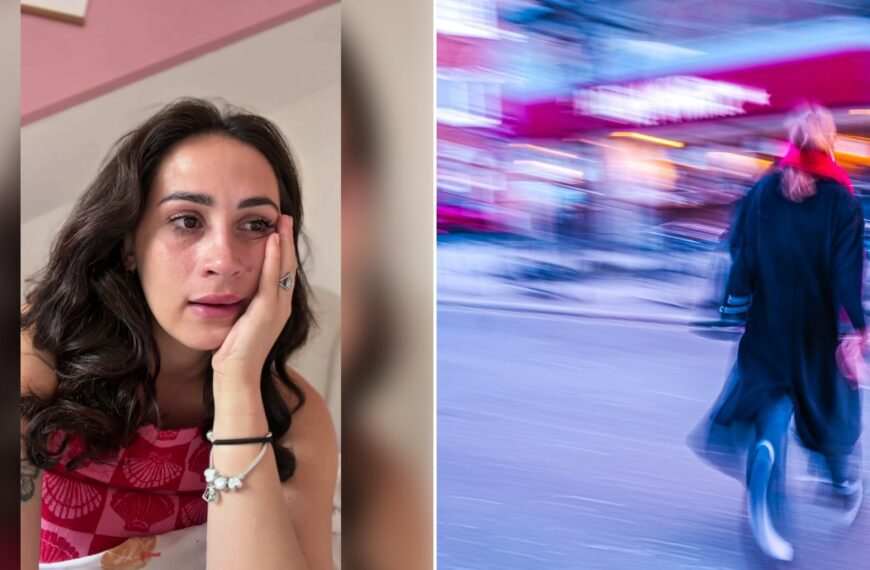 Left: cover still from a TikTok video by @caitlinandleahh. Right: a woman walking down a street (Unsplash photo by Mohamed Marey).