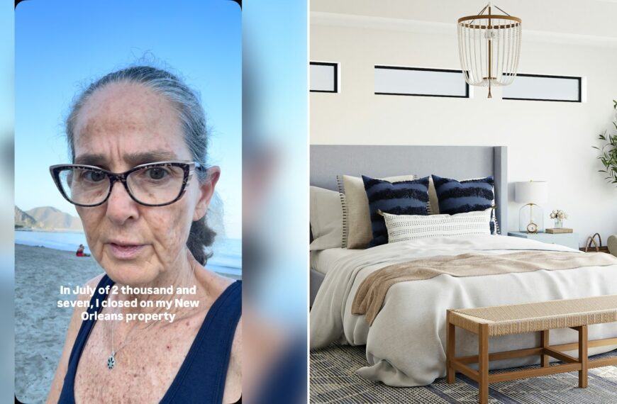 Left: cover still from an Instagram reel by @iamjodibrown. Right: a bedroom with a large bed (Unsplash photo by Spacejoy).