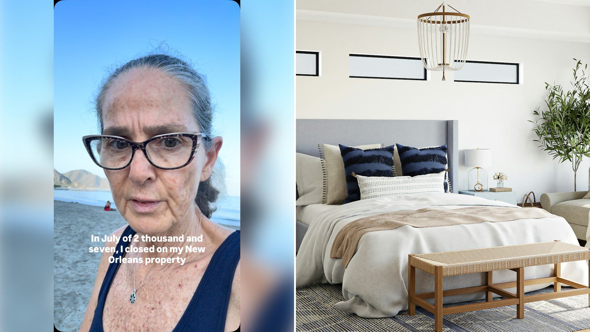 Left: cover still from an Instagram reel by @iamjodibrown. Right: a bedroom with a large bed (Unsplash photo by Spacejoy).
