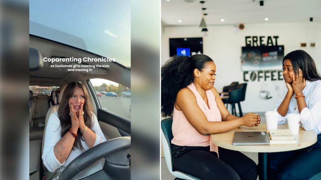 Left: cover still from a TikTok video by @marissamae96. Right: two women sitting at a café table talking (Unsplash photo by Ninthgrid).