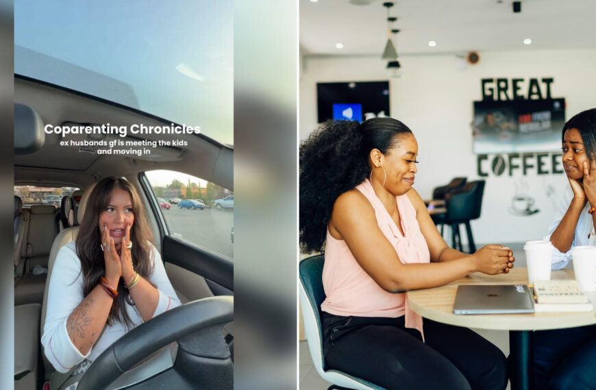 Left: cover still from a TikTok video by @marissamae96. Right: two women sitting at a café table talking (Unsplash photo by Ninthgrid).