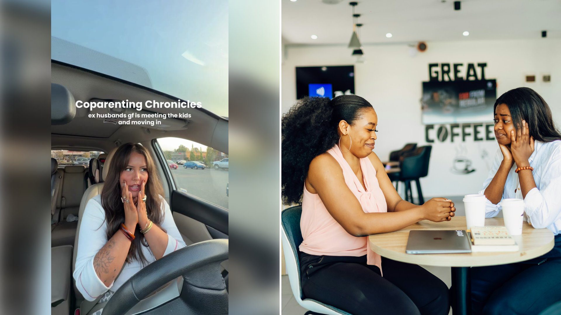 Left: cover still from a TikTok video by @marissamae96. Right: two women sitting at a café table talking (Unsplash photo by Ninthgrid).