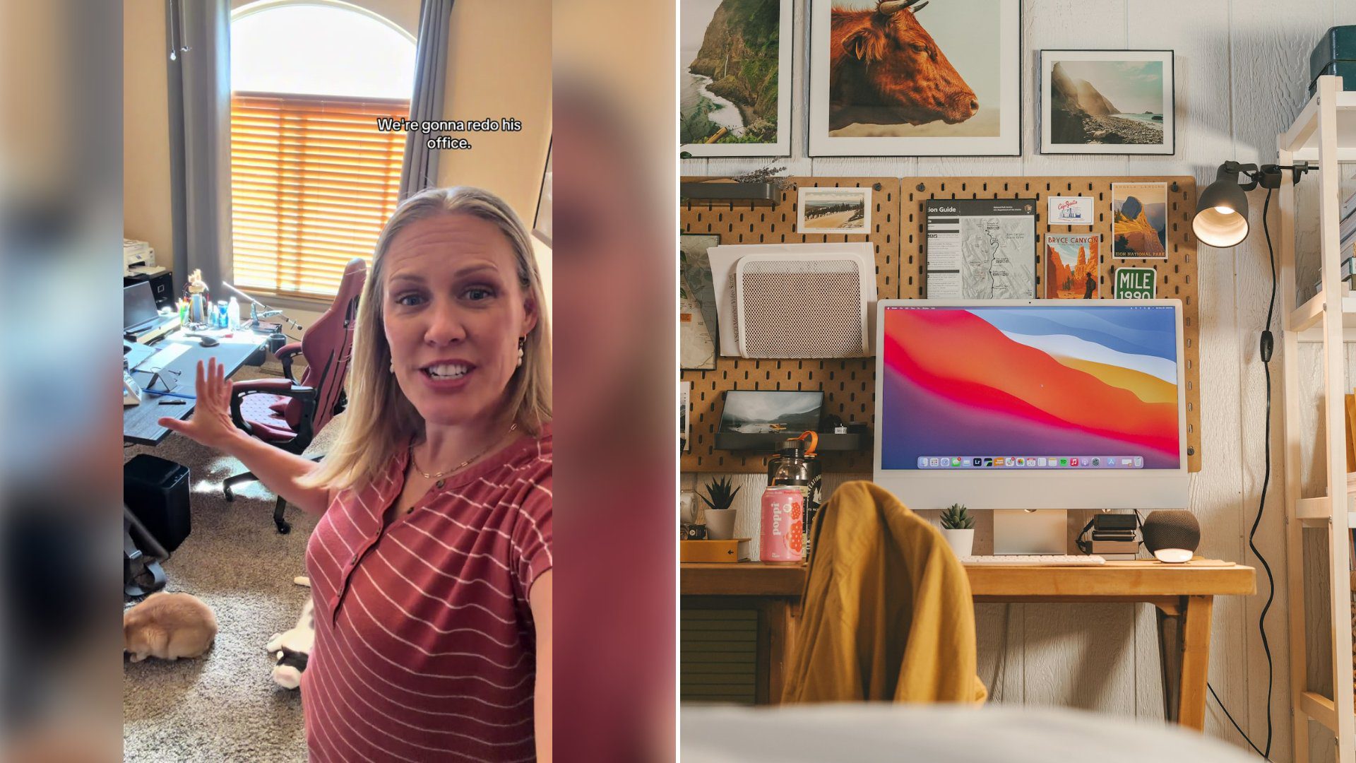 Left: cover still from a TikTok video by @camiwampus. Right: an at-home work station (Unsplash photo by Hans).