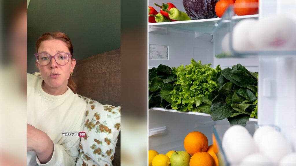 Left: cover still from a TikTok video by @jennalabarre. Right: a refrigerator filled with fresh fruits and vegetables (Unsplash photo by Onur Burak Akın).