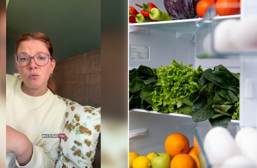 Left: cover still from a TikTok video by @jennalabarre. Right: a refrigerator filled with fresh fruits and vegetables (Unsplash photo by Onur Burak Akın).