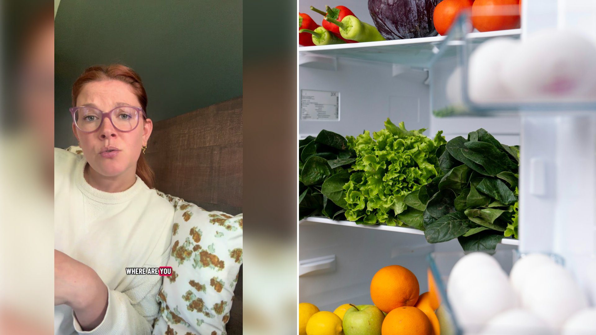 Left: cover still from a TikTok video by @jennalabarre. Right: a refrigerator filled with fresh fruits and vegetables (Unsplash photo by Onur Burak Akın).
