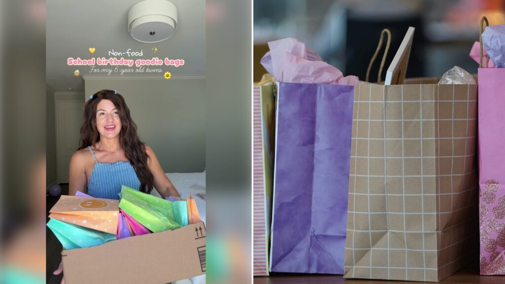Left: cover still from a TikTok video by @shellykowatch. Right: purple and white paper bags (Unsplash photo by Denisse Leon).