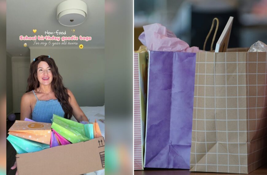 Left: cover still from a TikTok video by @shellykowatch. Right: purple and white paper bags (Unsplash photo by Denisse Leon).