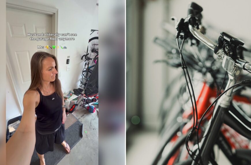 Left: cover still from a TikTok video by @lizpacini. Right: a room full of bicycles (Unsplash photo by Gilley Aguilar).