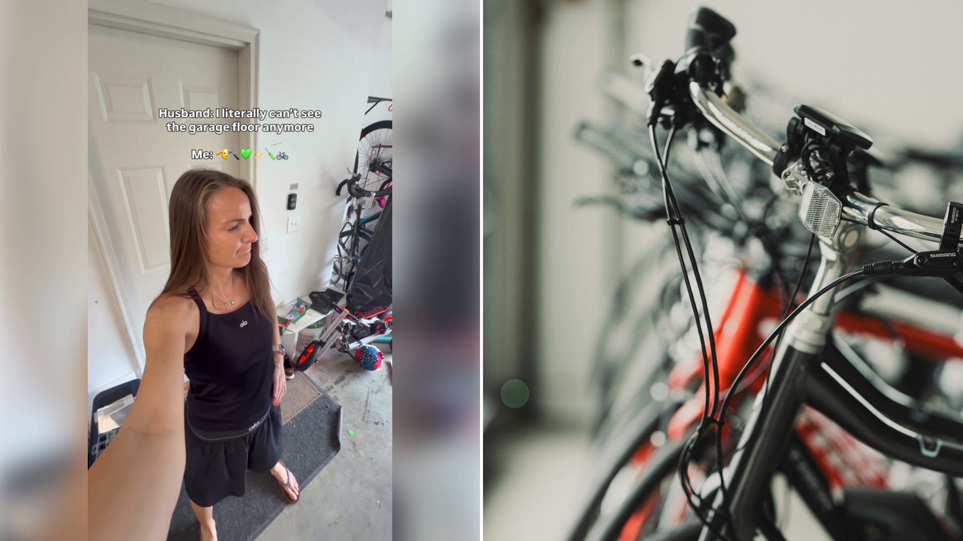Left: cover still from a TikTok video by @lizpacini. Right: a room full of bicycles (Unsplash photo by Gilley Aguilar).