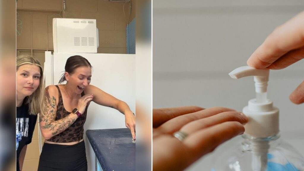 Left: cover still from a TikTok video by @sierra_zagarri. Right: a hand pressing a white pump bottle of hand sanitizer (Unsplash photo by Kelly Sikkema).
