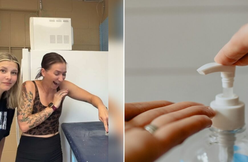 Left: cover still from a TikTok video by @sierra_zagarri. Right: a hand pressing a white pump bottle of hand sanitizer (Unsplash photo by Kelly Sikkema).