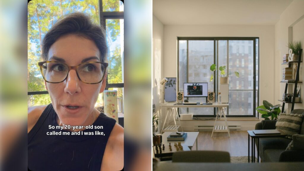 Left: cover still from an Instagram reel by @thats_inappropriate. Right: a sunlit living room with a desk and sofa (Unsplash photo by Med Badr Chemmaoui).
