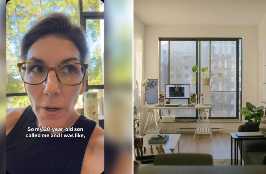 Left: cover still from an Instagram reel by @thats_inappropriate. Right: a sunlit living room with a desk and sofa (Unsplash photo by Med Badr Chemmaoui).