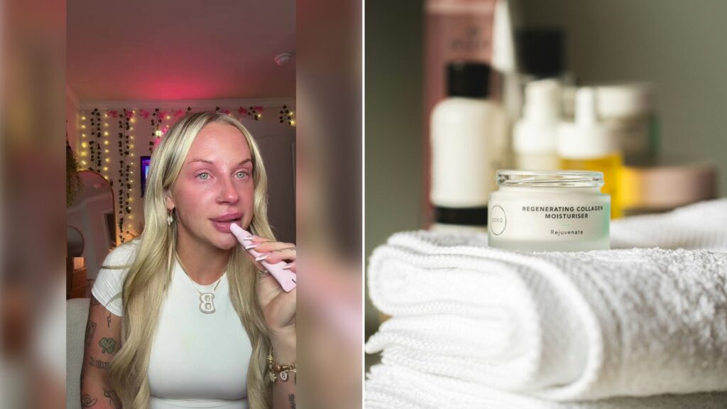 Left: cover still from a TikTok video by @bbylaceyxoxo. Right: skincare bottles and a jar on folded white towels (Unsplash photo by Poko Skincare).